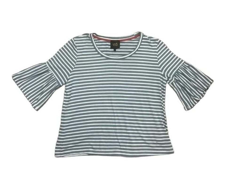 W5 Women's Blue and White Striped Bell Sleeve Top Size L